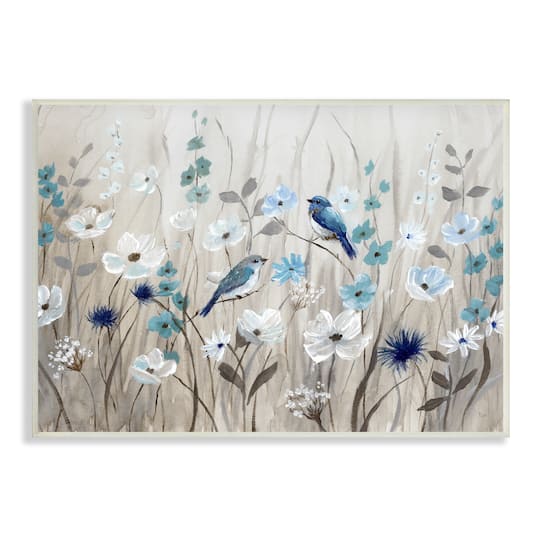 Stupell Industries Birds Floral Meadow Blue White Blossoms Wall Plaque Art